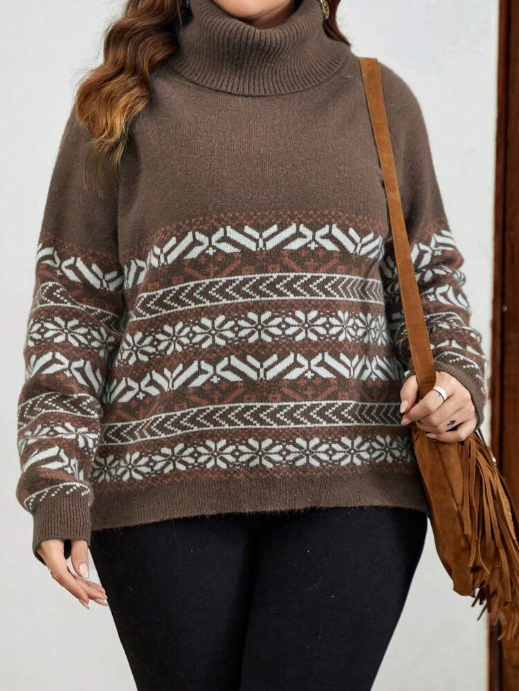 Plus Geo Pattern Turtleneck Raglan Sleeve Split Hem Sweater