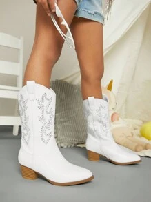 Mini mi Giày bốt phương Tây có gót nhọn cho bé gái bằng kim cương giả Giày bốt cao bồi - trắng - Xem 6