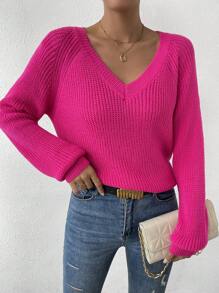 EMERY ROSE Solid Raglan Sleeve Ribbed Knit Sweater,Ladies Spring/Fall Casual Long Sleeve Regular Fit Hot Pink Raglan Sleeve Pullovers Women Sweaters,Long Sleeve Tops Knit Pullover Fall Winter Outfit - Hot Pink - View 3
