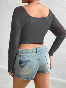 Flirla Plus Square Neck Asymmetrical Hem Tee - Grey - View 2