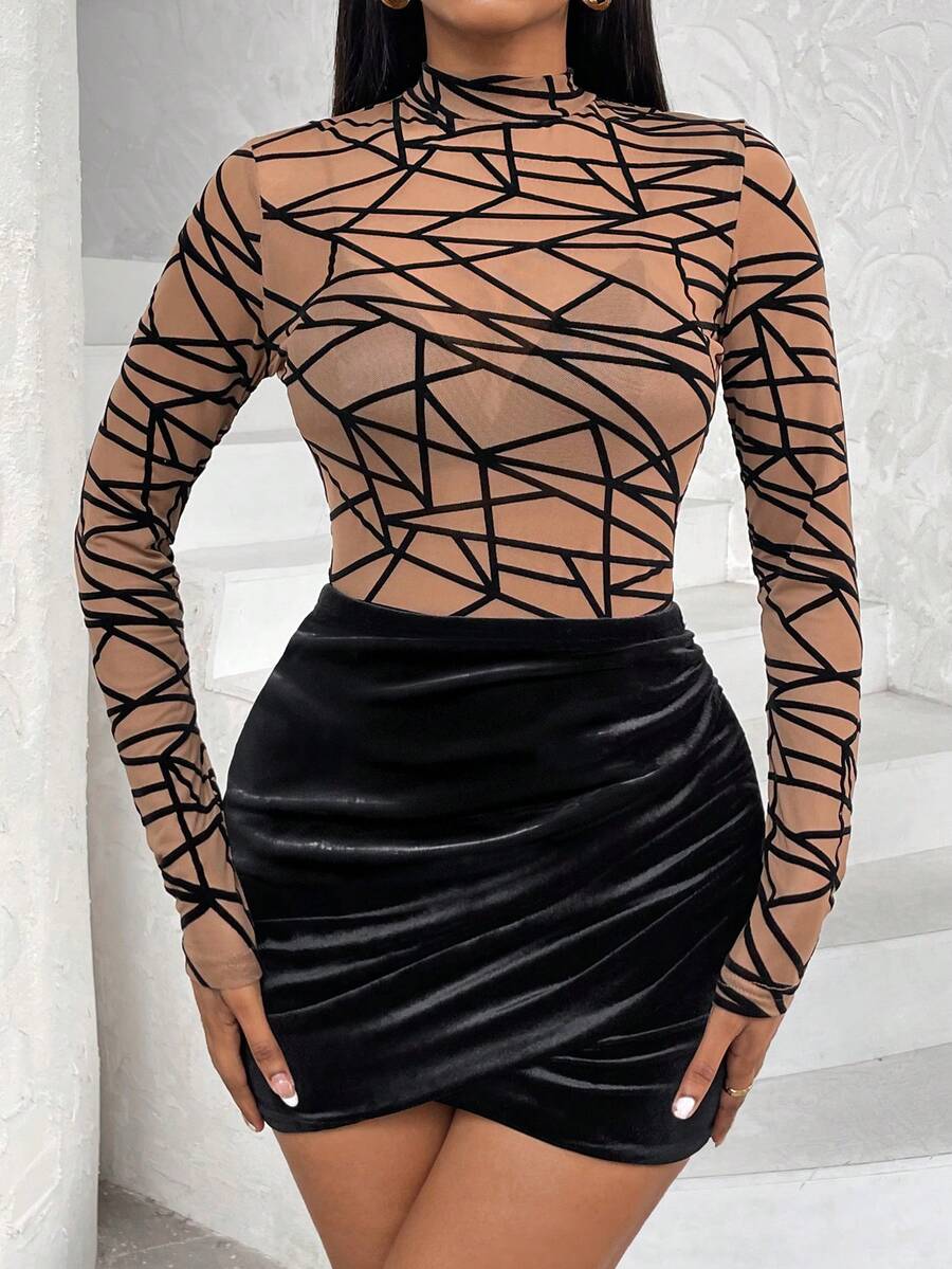 Chiquease Geo Print Mock Neck Mesh Top & Wrap Hem Bodycon Skirt - Black - View 1