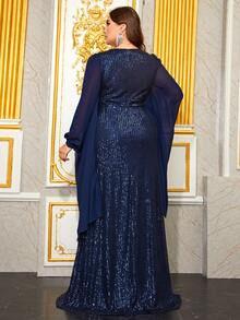 YISIKADO Plus Square Neck Bell Sleeve Sequin Prom Dress - Navy Blue - View 2