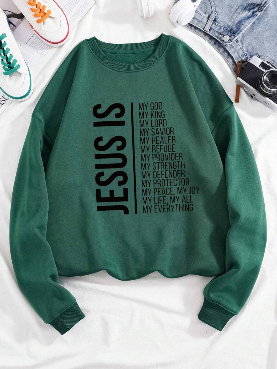 SHEIN Essnce Đồ họa Khẩu hiệu Lót nhiệt Áo nỉ - Màu xanh lá cây đậm - Xem 1