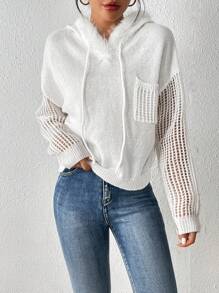 SHEIN LUNE Trang trí Fuzzy Thả vai Dây rút áo có mũ Dệt kim chấm bi Áo len - trắng - Xem 5