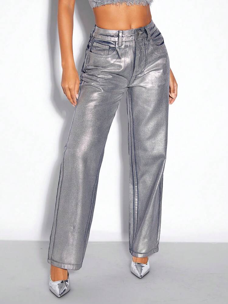 Metallic Coating Ladies' Denim Jeans, Western Wear New Year's Eve Silver Pants