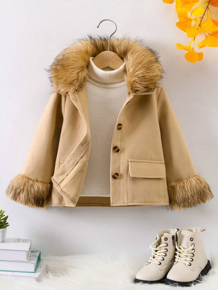 Young Girl Fuzzy Trim Hooded Flap Detail Overcoat Without Sweater