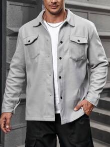 Manfinity Homme 男士大码翻蓋口袋前紐扣花呢外套 - 淺灰色 - 查看 1