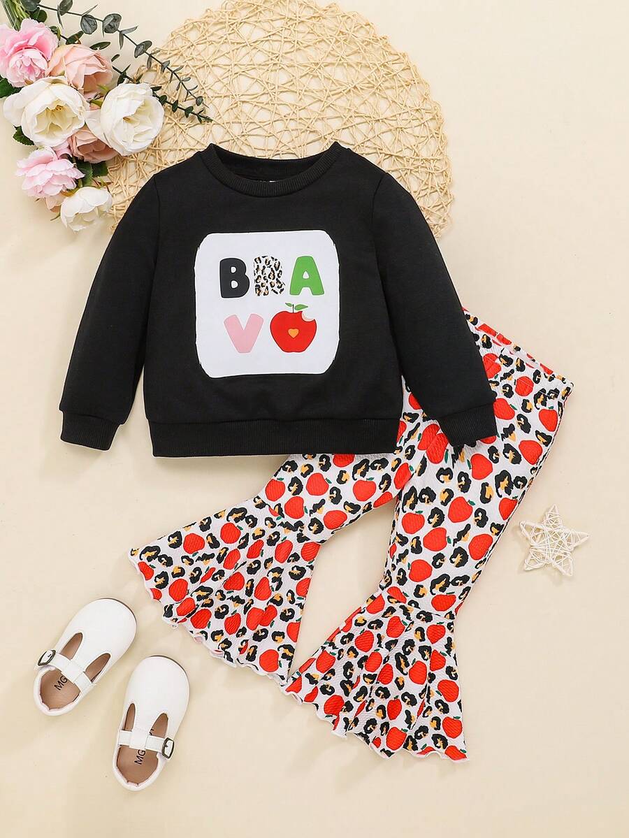 SHEIN Đứa bé gái Đồ họa Chữ cái Áo nỉ & In trái cây Quần ống loe - màu đen - Xem 1