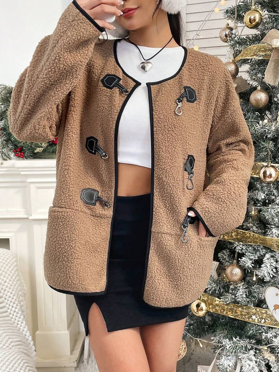 SHEIN Unity Dual Pocket Contrast Binding Drop Shoulder Duffle Teddy Coat - Khaki - View 1