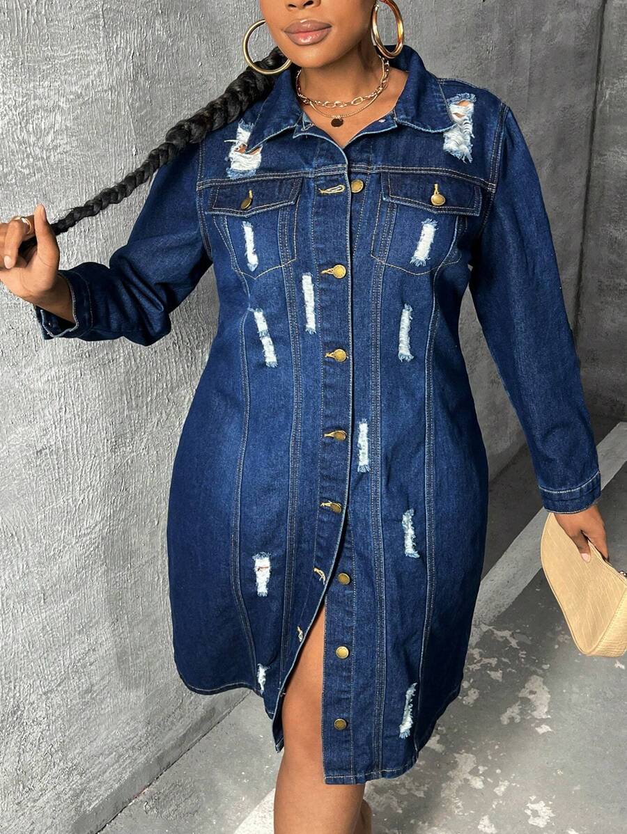 SHEIN Privé Hơn Rách Chi tiết về Flap Áo khoác denim - Màu xanh lam - Xem 1