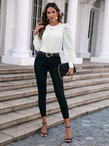 SHEIN Clasi 素色燈籠袖條紋針織上衣 - 白色 - 查看 4