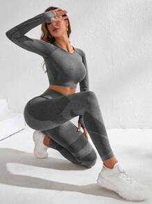 SHEIN Yoga Futuristic Conjunto deportivo inconsútil de manga raglán - Gris Oscuro - Ver 1