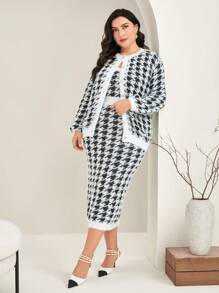 Modelyn Hơn 1 Miếng Đồ họa Houndstooth Thả vai Áo len Mở & 1 Miếng Váy len yếm - Đen và trắng - Xem 4