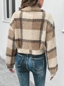 SHEIN Frenchy Plaid Pattern Drop Shoulder Teddy Jacket - Multicolor - View 2