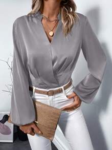 SHEIN Clasi Notched Neckline Lantern Sleeve Blouse