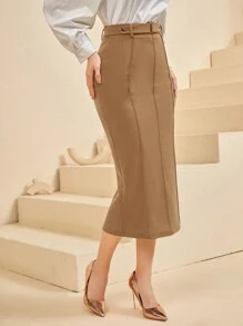 Modelyn Chi tiết Nút Viền chia cắt Váy bút chì - Lạc đà - Xem 3