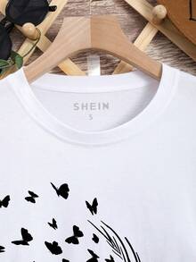 SHEIN LUNE Butterfly & Feather Print Tee - White - View 4