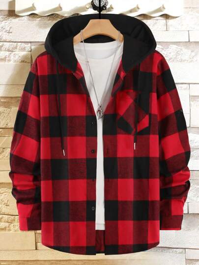 Manfinity Homme Men Buffalo Plaid Print Drawstring Hooded Shirt Without Tee, Fall