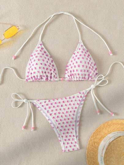 Swim Mod Summer Beach Swiss Polka Dot Halter Neck Bikini Set
