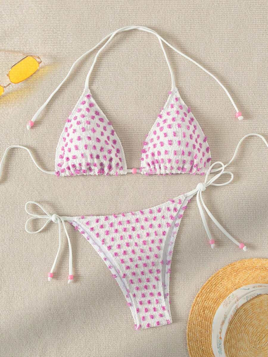 Swim Mod Summer Beach Swiss Polka Dot Halter Neck Bikini Set - Pink - View 1