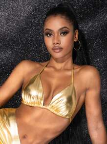 Swim EVENT Summer Beach Metallic Triangle Bikini Top - Gold - View 1
