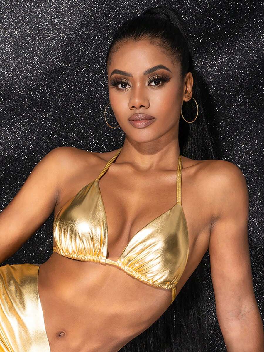 Swim EVENT Summer Beach Metallic Triangle Bikini Top - Gold - View 1