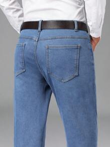 Manfinity Homme 男士斜口袋加絨內裏直筒牛仔褲不附腰帶 - 藍色 - 查看 8