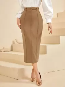 Modelyn Chi tiết Nút Viền chia cắt Váy bút chì - Lạc đà - Xem 1