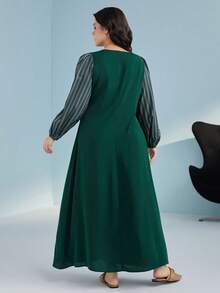 Mulvari Plus Striped Print Knot Side Lantern Sleeve Dress - Dark Green - View 2