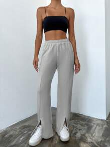 RueChic Split Hem Elastic Waist Sweatpants - Grey - View 3