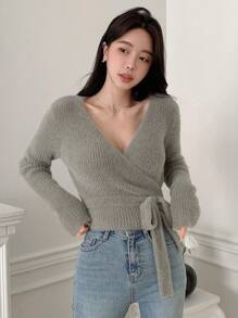 DAZY Solid Wrap Tie Side Crop Sweater - Dark Green - View 7