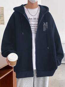 Manfinity Hypemode Men Slogan Graphic Drop Shoulder Drawstring Zipper Thermal Lined Hoodie - Navy Blue - View 1
