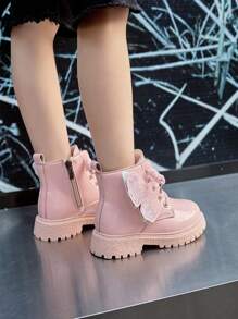 孩子們冬天鞋毛絨襯裡舒服的摩托車靴子適用於小男童和女孩,防滑軟底短靴 - 粉色 - 查看 3