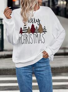 SHEIN EZwear 聖誕圖案落肩袖運動衫 - 白色 - 查看 1