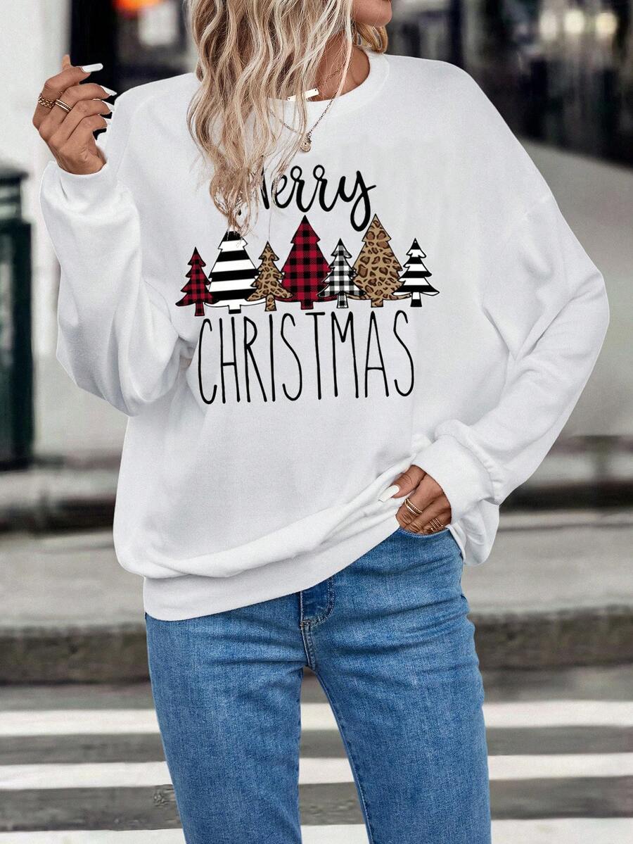 SHEIN EZwear 聖誕圖案落肩袖運動衫 - 白色 - 查看 1