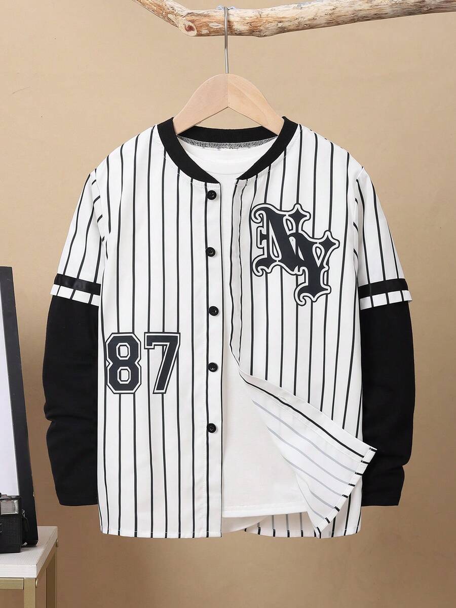 SHEIN 男大童條紋和字母圖案棒球領二合一襯衫 - 黑色 - 查看 1