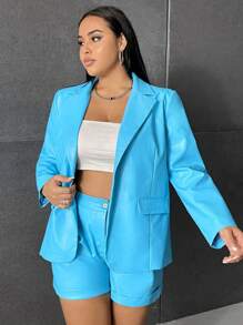 SHEIN EZwear Plus Lapel Neck PU Leather Blazer & Shorts - Blue - View 3