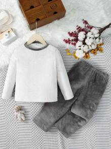 SHEIN Young Boy Contrast Binding Tee & Pants PJ Set - Multicolor - View 1