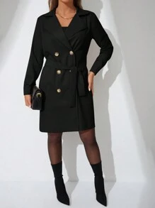 EURMUSE Double Breasted Belted Trench Coat - 黑色 - 查看 6