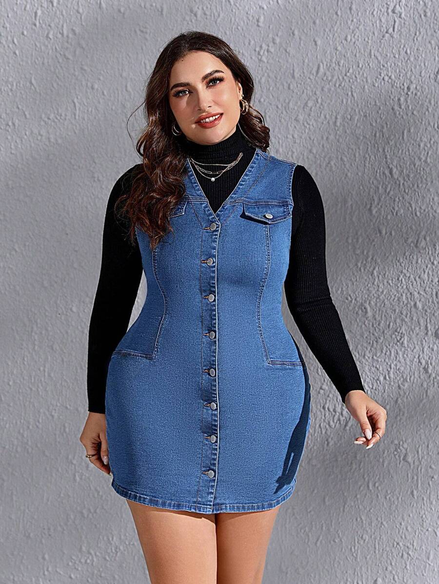 SHEIN Essnce 大碼前紐扣翻蓋細節牛仔洋裝不帶T恤 - 深色水洗藍 - 查看 1