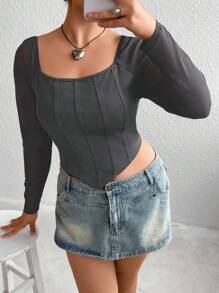 Flirla Plus Square Neck Asymmetrical Hem Tee - Grey - View 1