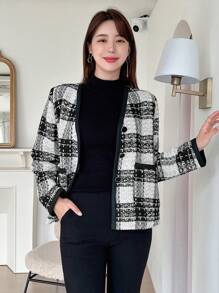 DAZY 格纹图案撞色双口袋粗花呢大衣，秋装女式夹克 - 黑與白 - 查看 4
