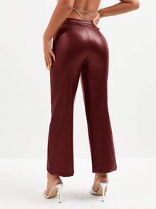 RueChic Solid Flare Leg Leather Look Pants - Coffee Brown - View 2