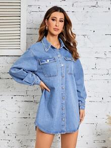 SHEIN LUNE Flap Pocket Drop Shoulder Denim Dress - Medium Wash - View 3