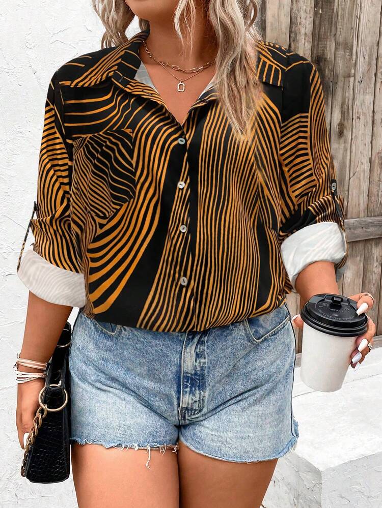 Plus Allover Print Roll Tab Sleeve Blouse