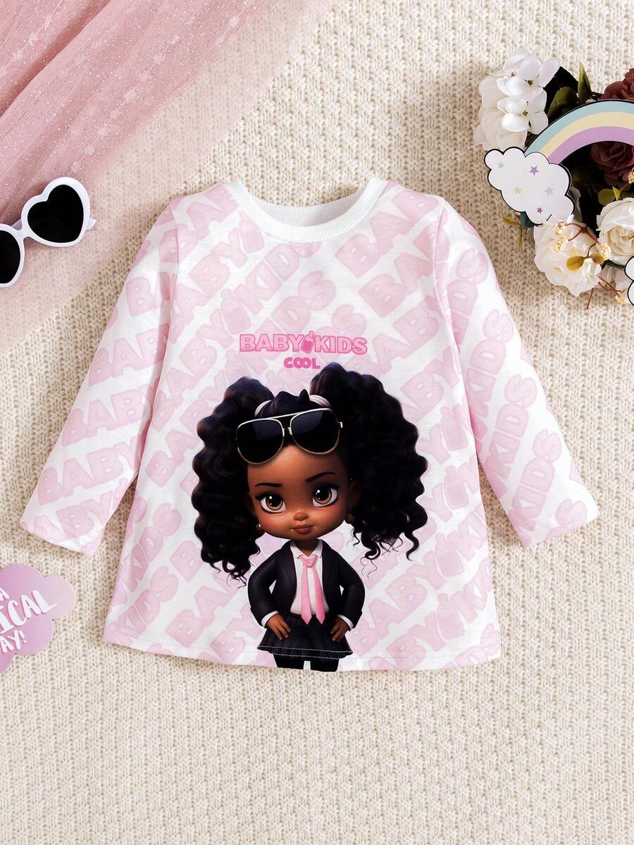 SHEIN Trẻ sơ sinh Cô gái Giải trí Mặc hàng ngày Dễ thương & Niềm vui Hoạt hình Nhân vật Mẫu In Vòng cổ Tay áo dài Đầm Đối với Nhà - Nhiều màu - Xem 1