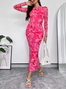 SHEIN Privé Của phụ nữ Vòng cổ In Hoa Thon gọn Lưới Đầm - Nhiều màu - Xem 4