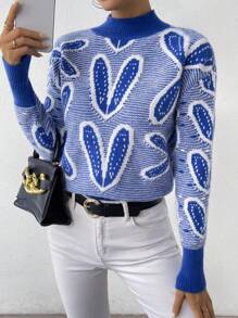 SHEIN Essnce 心形图案落肩针织套头衫秋冬毛衣 - 彩色 - 查看 1