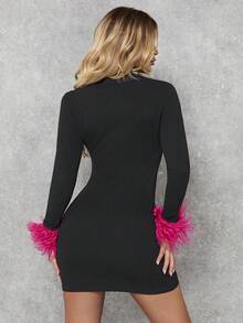 SHEIN BAE 小高領毛茸茸袖口緊身洋裝 - 黑色 - 查看 3