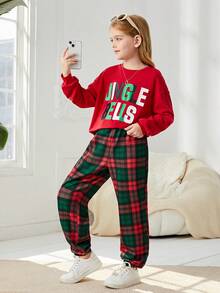 聖誕節 Tween 女孩字母圖案套頭衫和格子印花長褲 - 紅色 - 查看 4